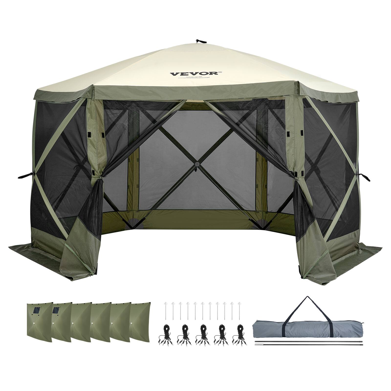 Alt View 5. VEVOR - Pop Up Gazebo Tent, Pop-Up Screen Tent 6 Sided Canopy Sun Shelter with 6 Removable Privacy Wind Cloths & Mesh Windows - Green.