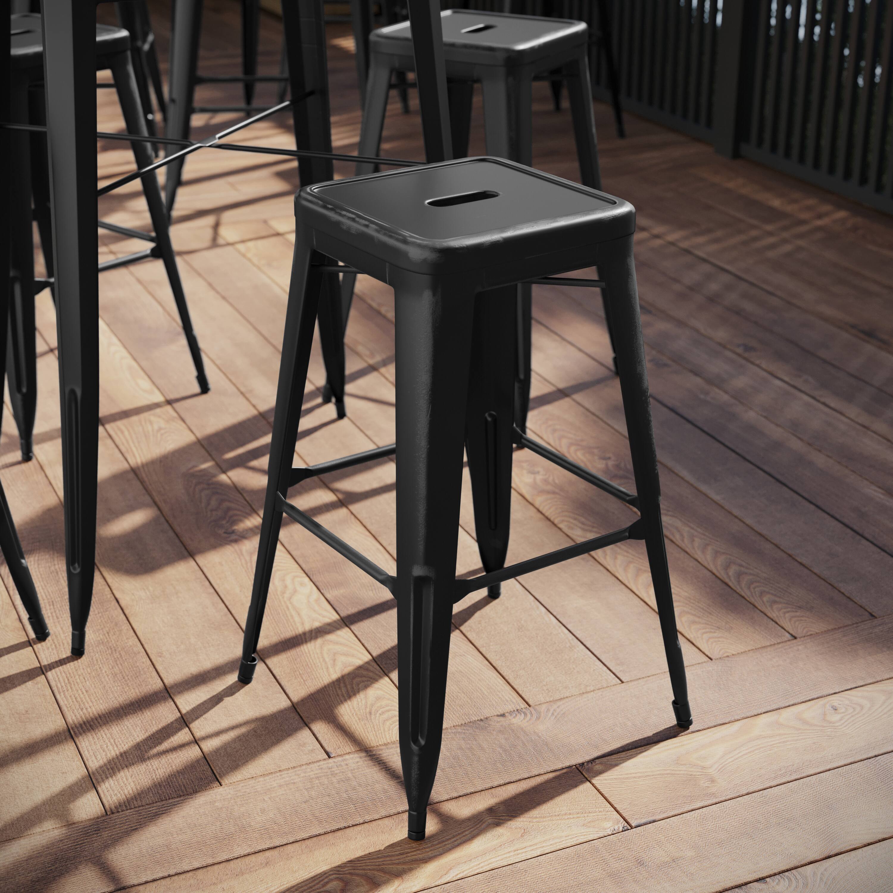 Angle. Flash Furniture - Kai Commercial Grade 30" High Backless Distressed Black Metal Indoor-Outdoor Barstool - Black.