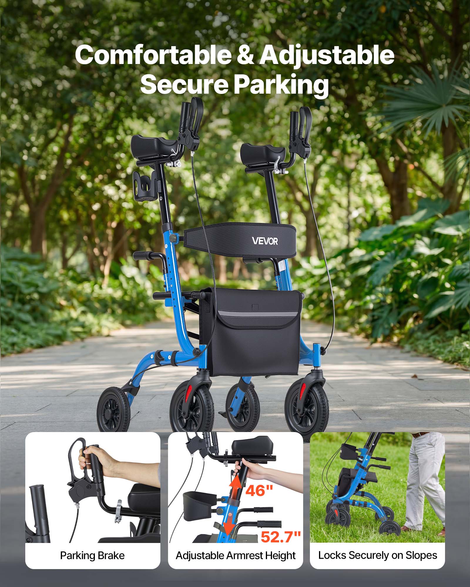Comfortable & Adjustable Secure Parking

VEVOR 46" Parking Brake  
52.7" Adjustable Armrest Height  
Locks Securely on Slopes