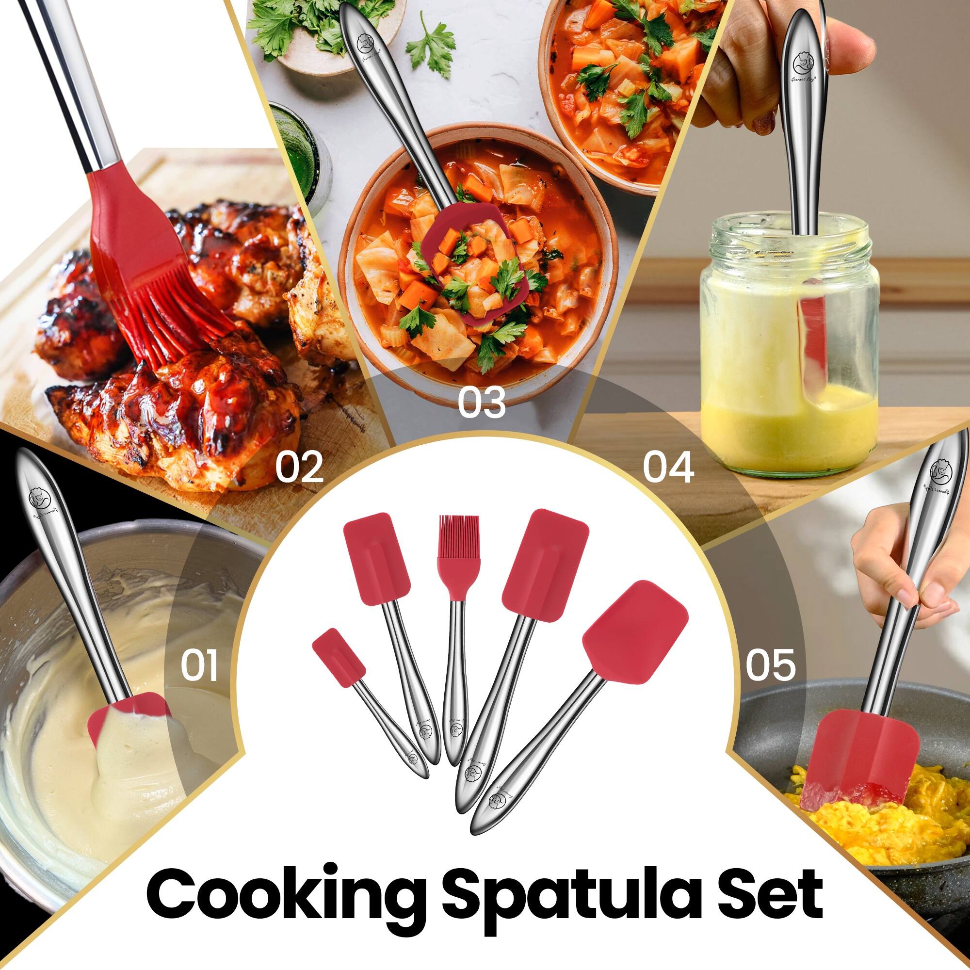 Angle. Gourmet Easy - 5pcs Silicone Spatula Set with Stainless Steel Handle, Spatulas for Cooking & Baking with Spoonula & Brush - Red.