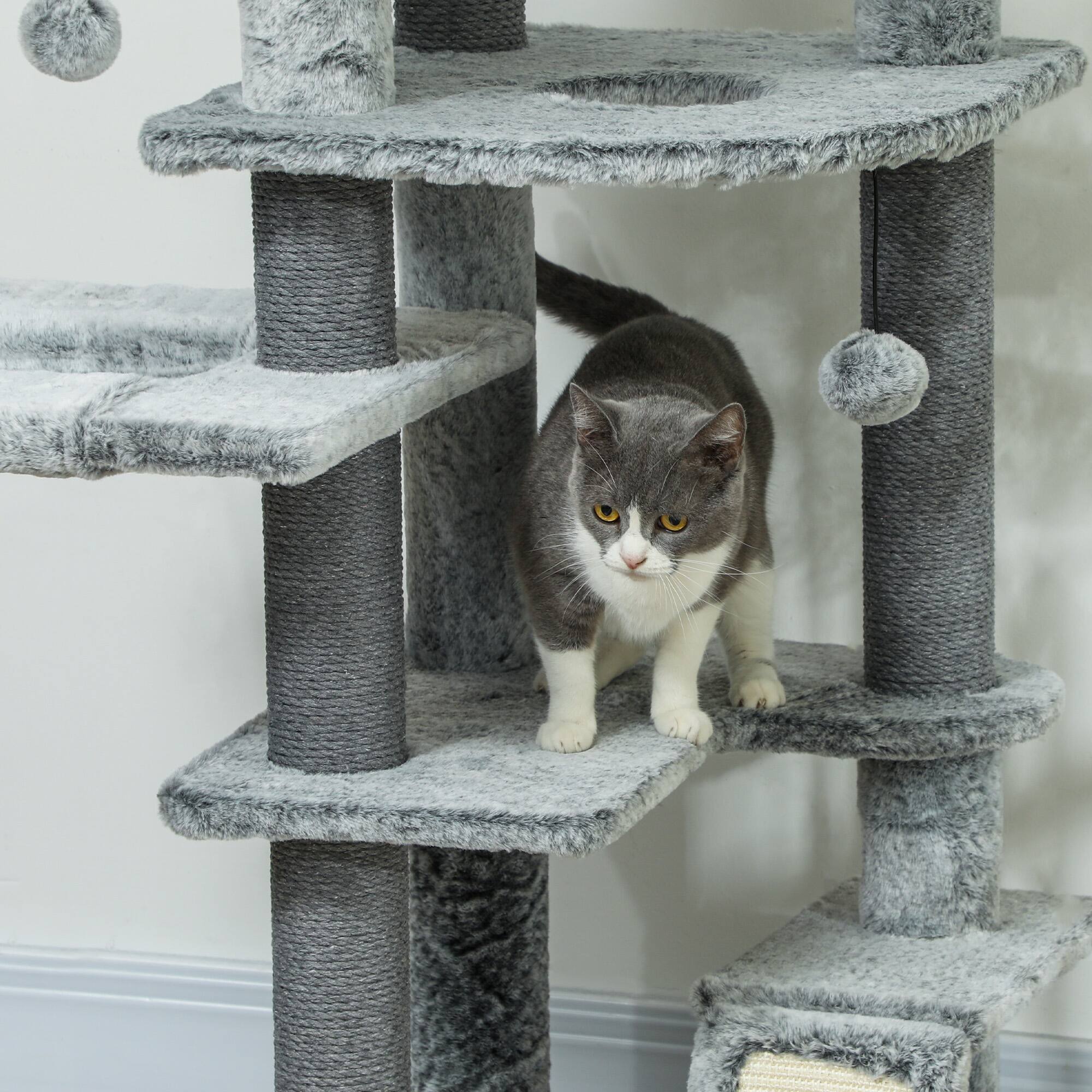 Alt View 5. Pawhut - 89"-100" Adjustable Floor to Ceiling Cat Tree, Climbing Tower Activity Center with Perch, Condo, Scratching Posts & Ramp - Gray.
