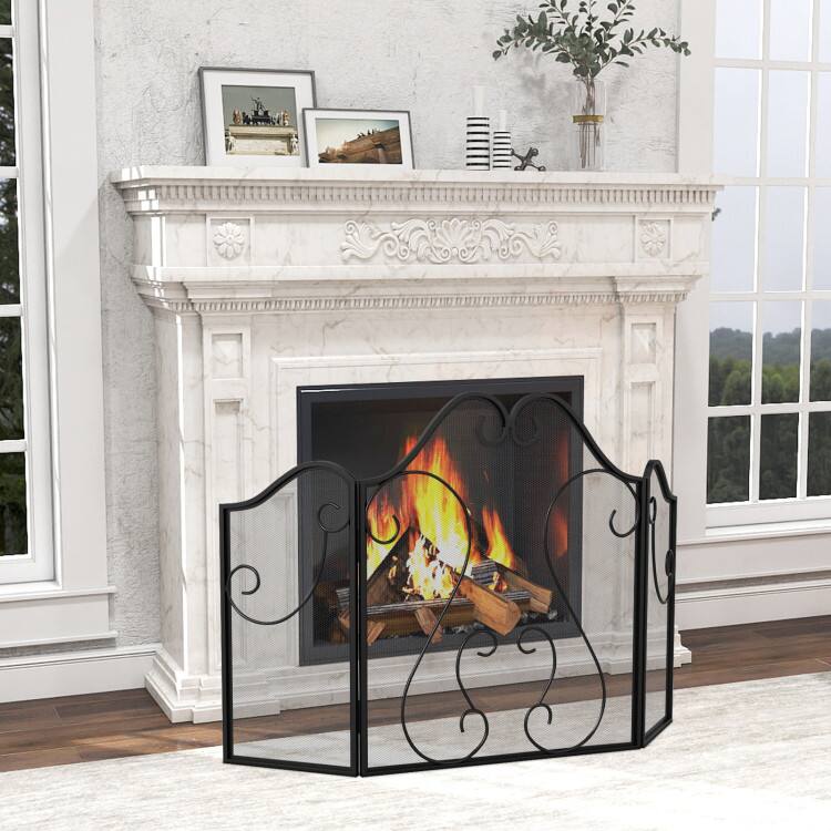 Left. Mondawe - 3 Panel Fireplace Screen Foldable Spark Guard Cover with Decorative Scroll - Black.