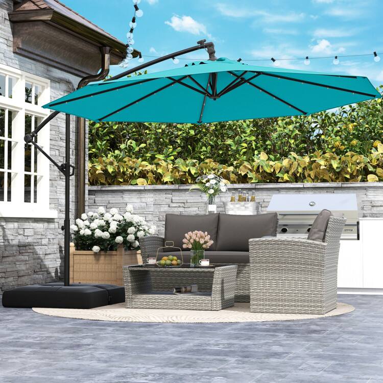 Angle. Mondawe - 10 ft Solar Offset Patio Umbrella with Base 32 LED Lights 360 Rotation for Patio - Blue.