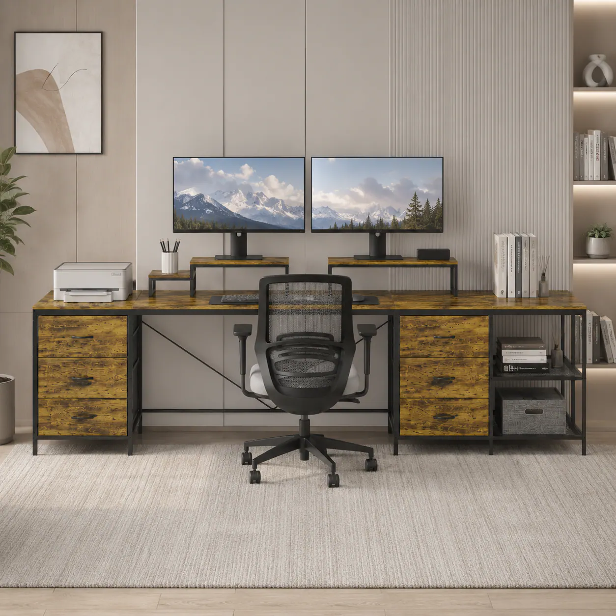 Angle. Anysun - 114" Industrial L-Shaped Desk with Power Outlets & USB-C, 6 Fabric Drawers, 3 Open Shelves & Movable Monitor Stands - Brown.
