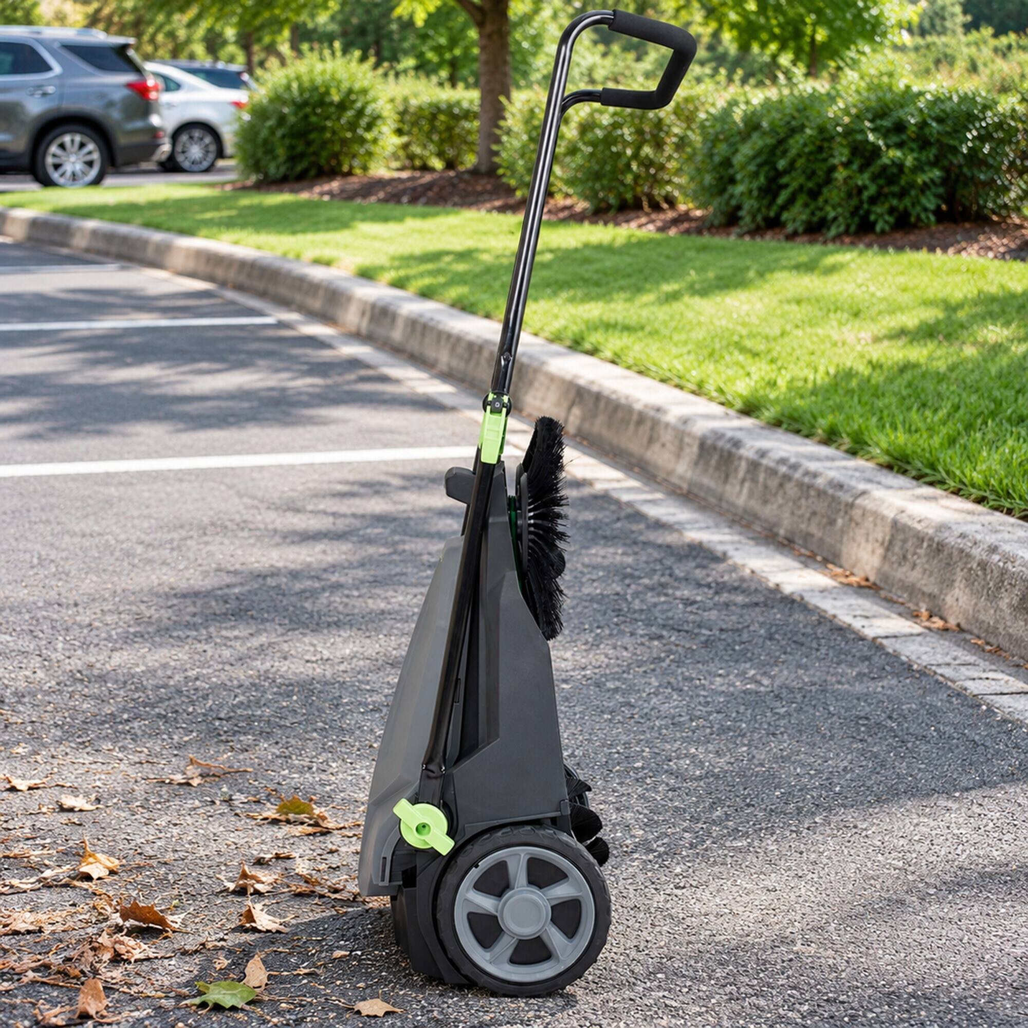 Back. RYHNUYNE - VEVOR Walk-Behind Hand Push Floor Sweeper, 25.6 in Sweeping Width, 5-Gallon Waste Container, Folding Handle, Manual - Gray.