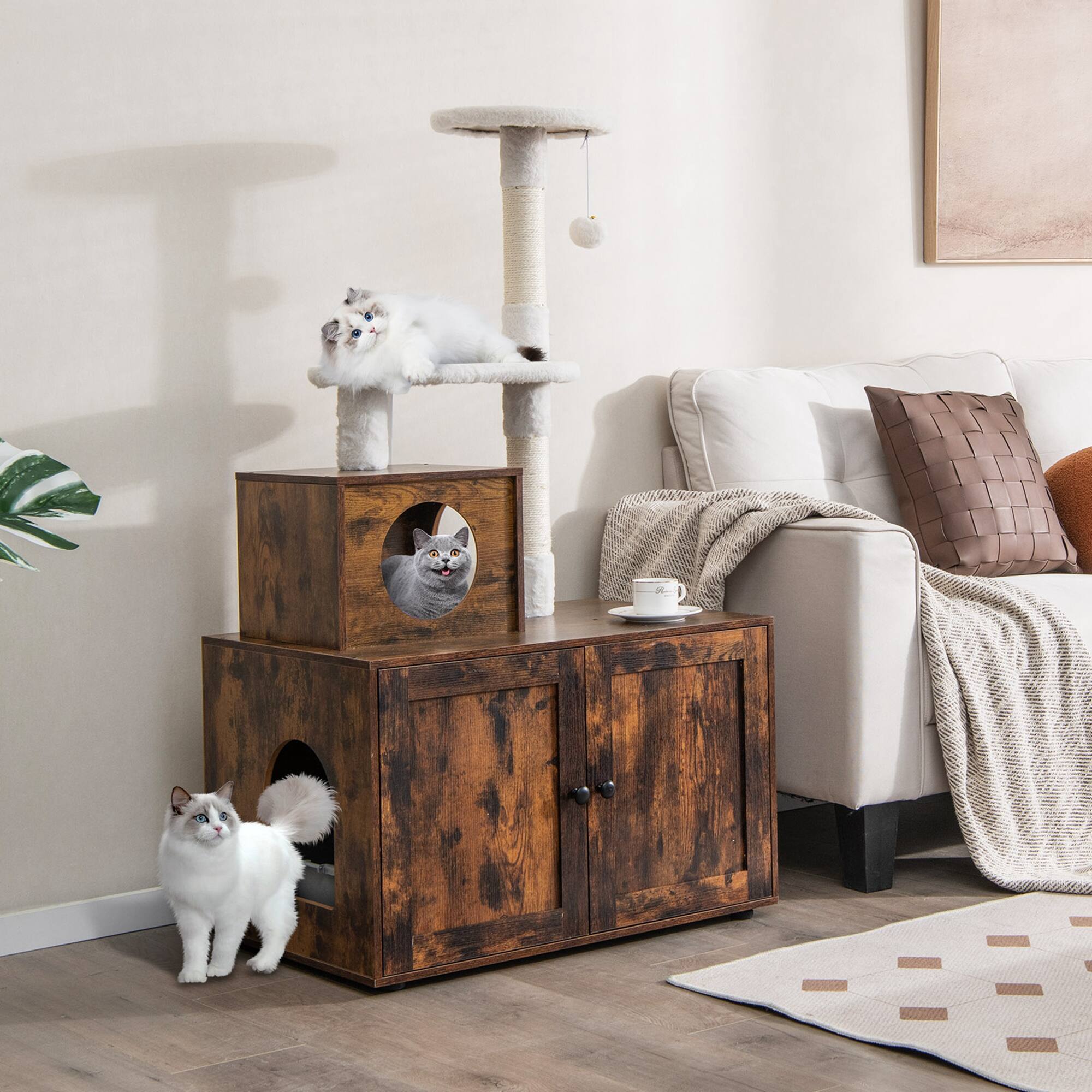 Alt View 1. Costway - Costway 2-in-1 Wooden Litter Box Enclosure with Cat Tree Hidden Washroom Furniture - Rustic Brown.