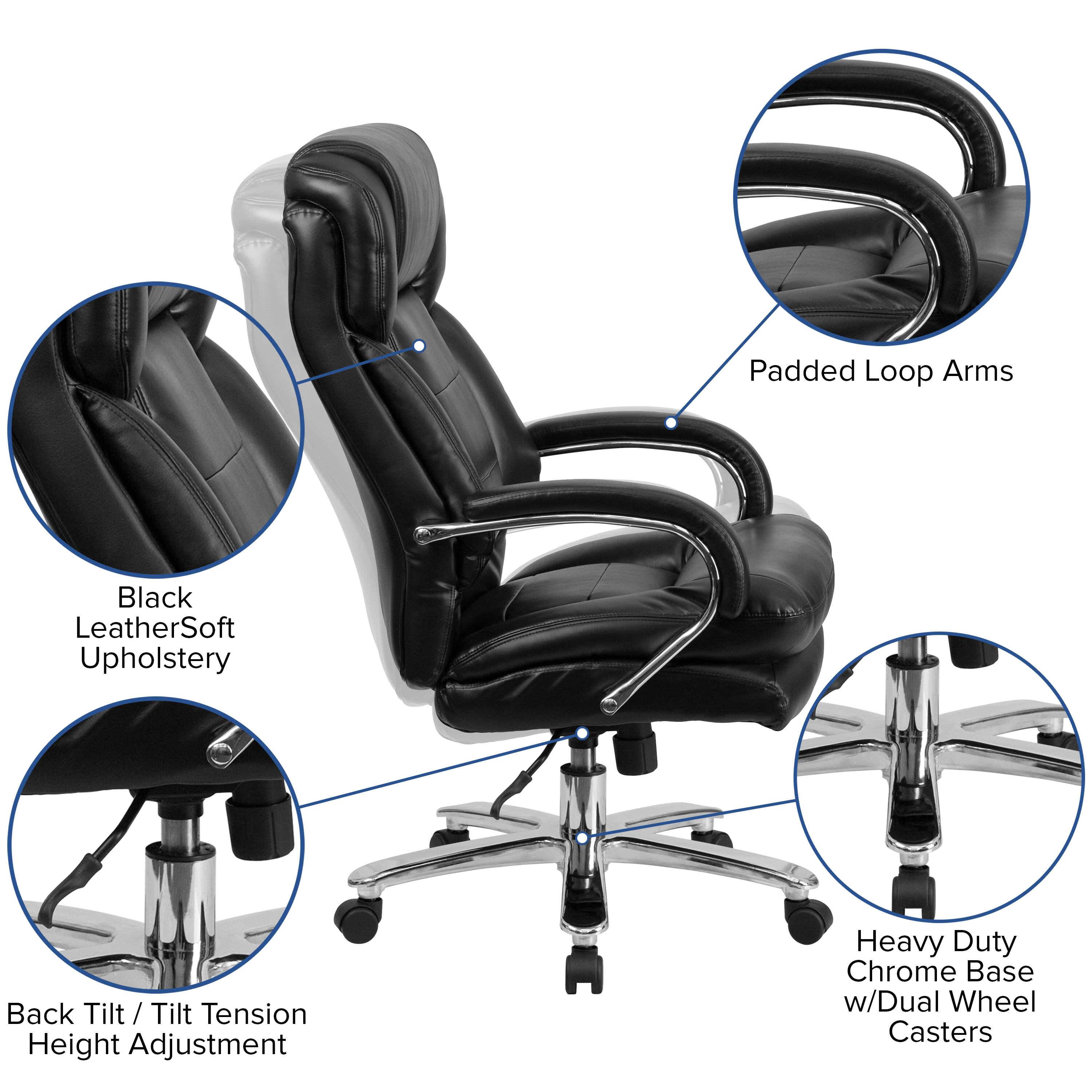 Padded Loop Arms  
Black LeatherSoft Upholstery  
Back Tilt / Tilt Tension Height Adjustment  
Heavy Duty Chrome Base w/Dual Wheel Casters