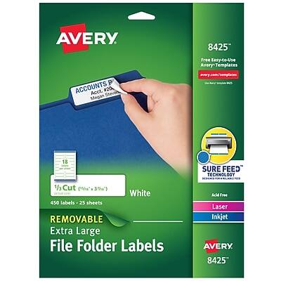 AVERY 8425
Free Easy-to-Use Avery Templates
AveryTemplates.com
ACCOUNTS P
Acct. #20
Steven Megan
18 1/3 Cut (15%g 37")
White
450 labels - 25 sheets
REMOVABLE Extra Large File Folder Labels
SURE FEED TECHNOLOGY
Acid Free
Laser Inkjet
AVERY 8425