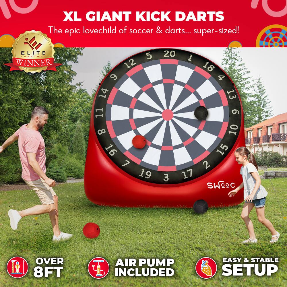 XL GIANT KICK DARTS  
"The epic lovechild of soccer & darts... super-sized!"  

ELITE CONSUMER WINNER  

5 12 6 14 11 8 16 7 19 20 1 18 4 13 6 10 15 2 3 17  

SWC  

OVER 8FT  
AIR PUMP INCLUDED  
EASY & STABLE SETUP