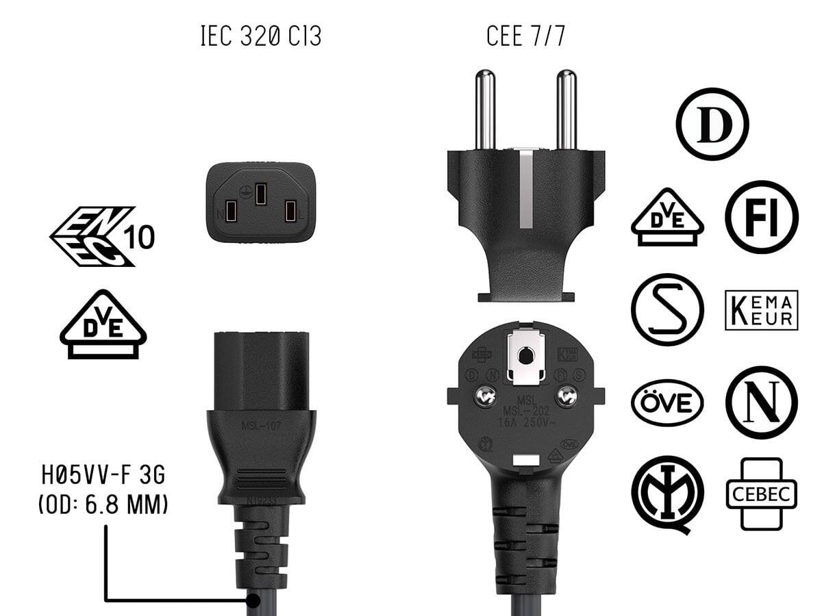 IEC 320 C13 CEE 7/7 D EN 10 EC DVE V D E MSL-107 A0o ) N F S $ MSL W MSL-202 16A 250V- Cv D DVE E S VE FI EMA K KEMA EUR N H05VV-F 3G (OD: 6.8 MM) 263