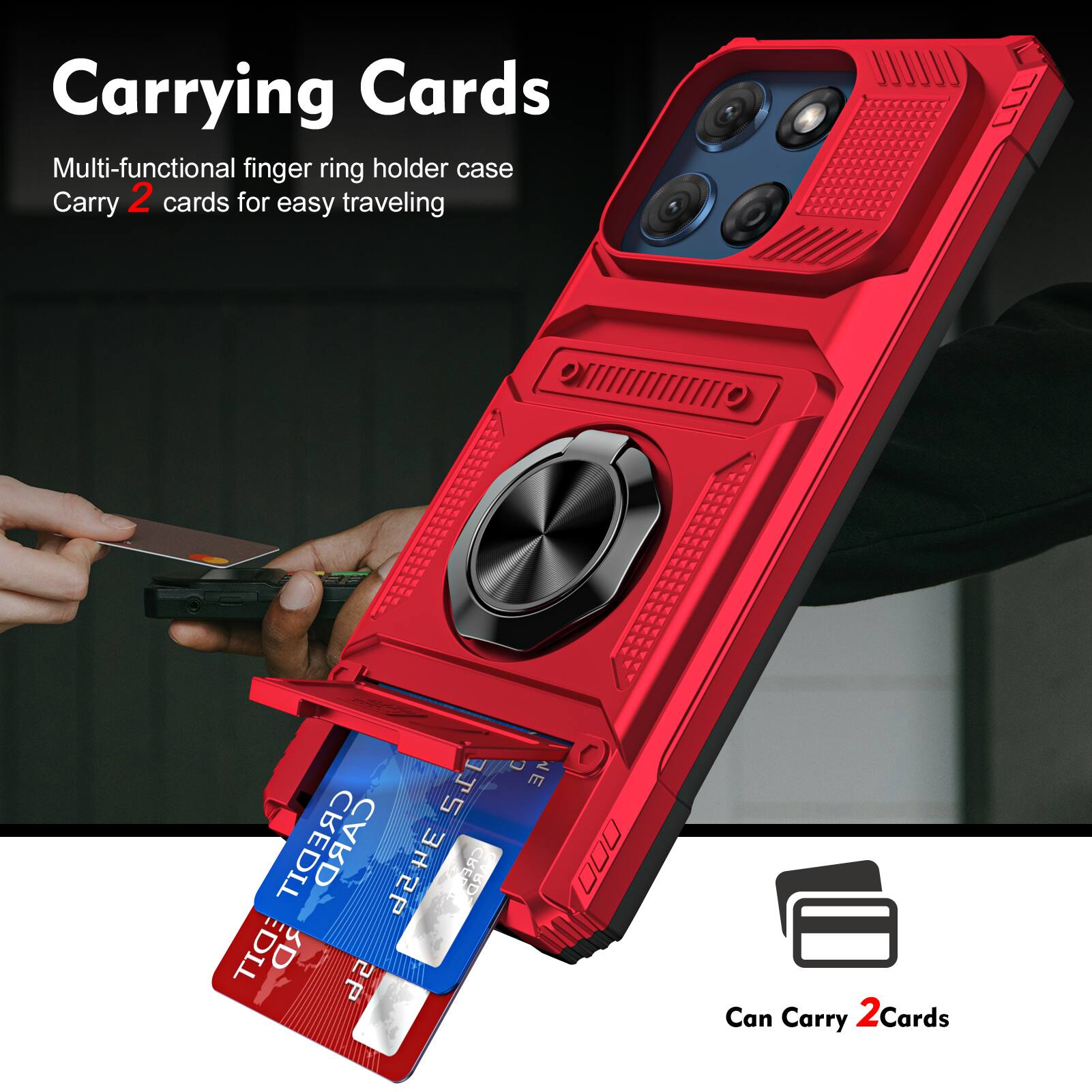 Carrying Cards  
Multi-functional finger ring holder case  
Carry 2 cards for easy traveling  

Can Carry 2 Cards