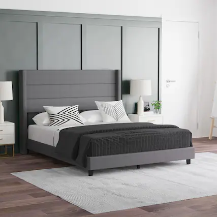 Front. Emma + Oliver - Upholstered Platform Bed with Wingback Headboard - Gray.