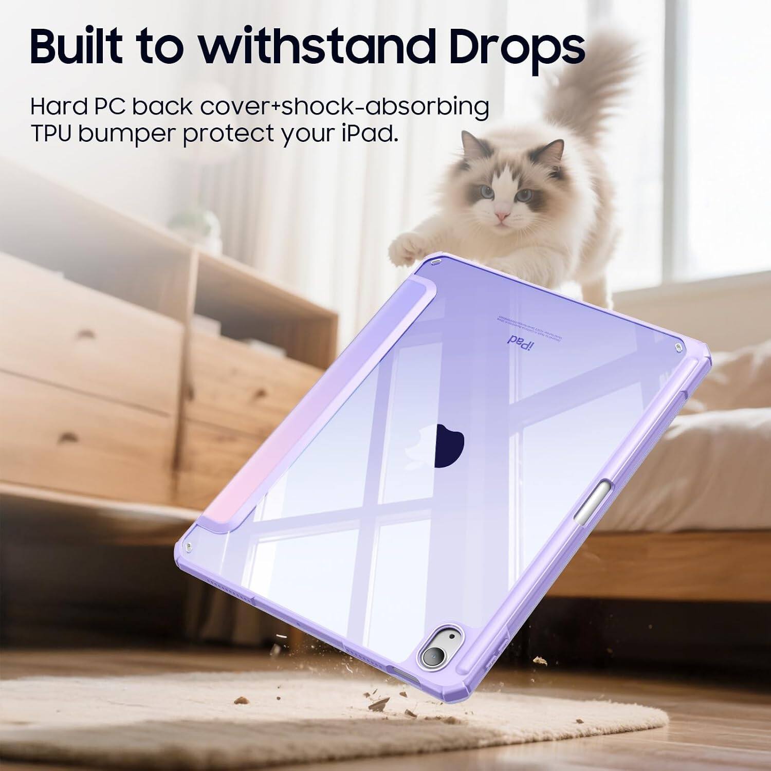 Built to withstand Drops

Hard PC back cover+shock-absorbing TPU bumper protect your iPad.
