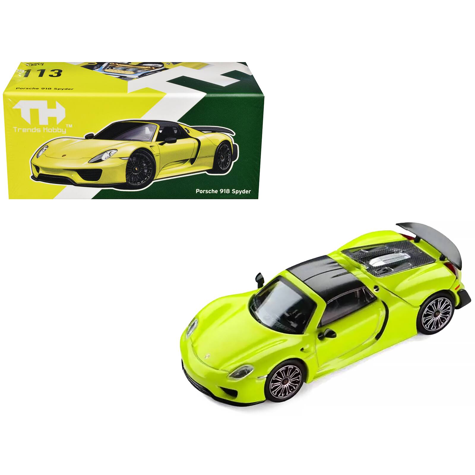 Porsche 918 Spyder Acid Green with Carbon Top 1/64 Diecast Model Car by Trends Hobby