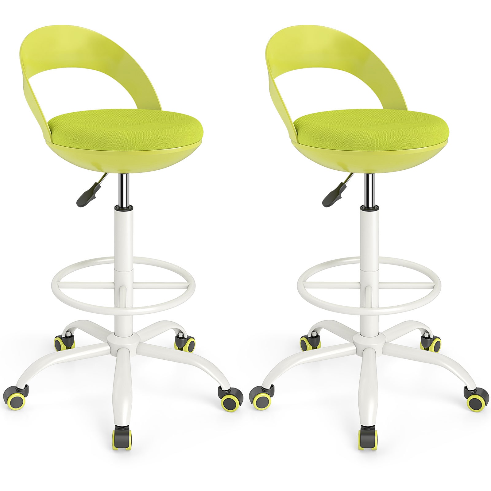 Front. Gymax - Gymax 2 PCS Drafting Stool Rolling Tall Desk Chair w/ Wheels Low Backrest Footrest Green - Green.