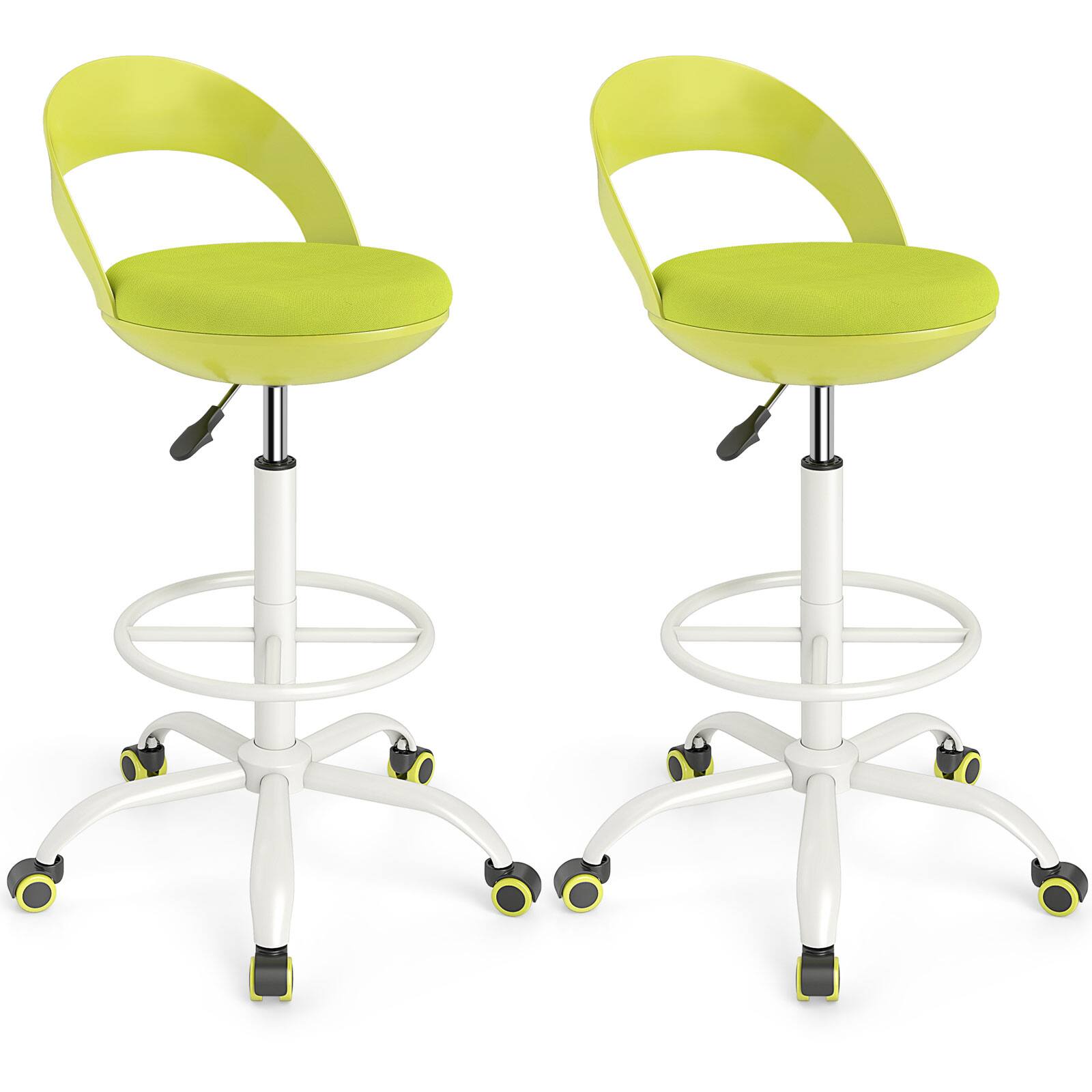 Front. Gymax - Gymax 2 PCS Drafting Stool Rolling Tall Desk Chair w/ Wheels Low Backrest Footrest Green - Green.