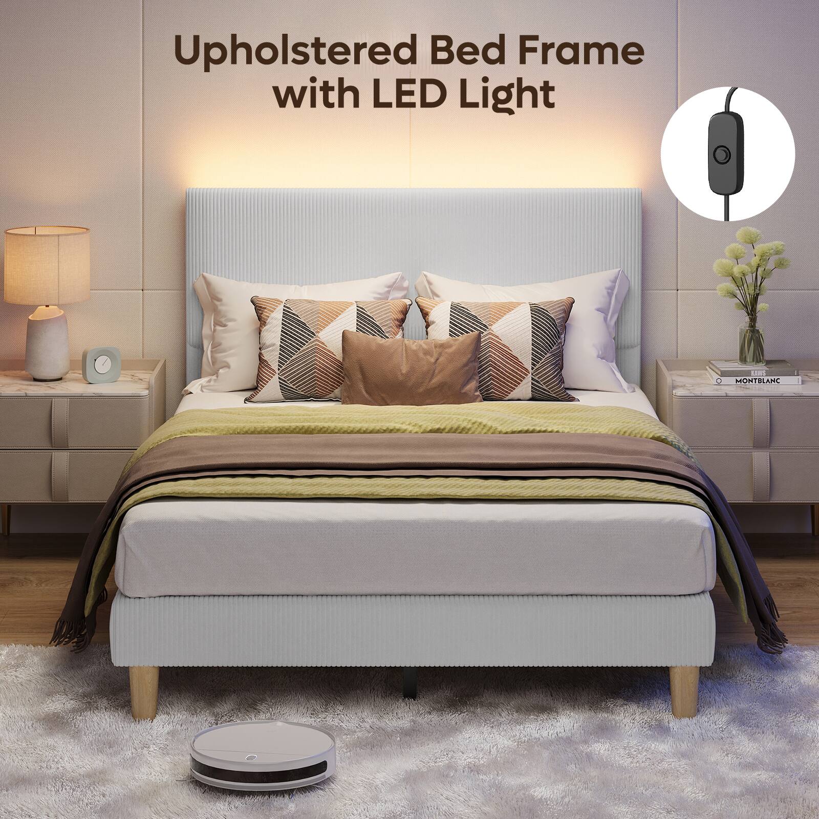 Upholstered Bed Frame with LED Light