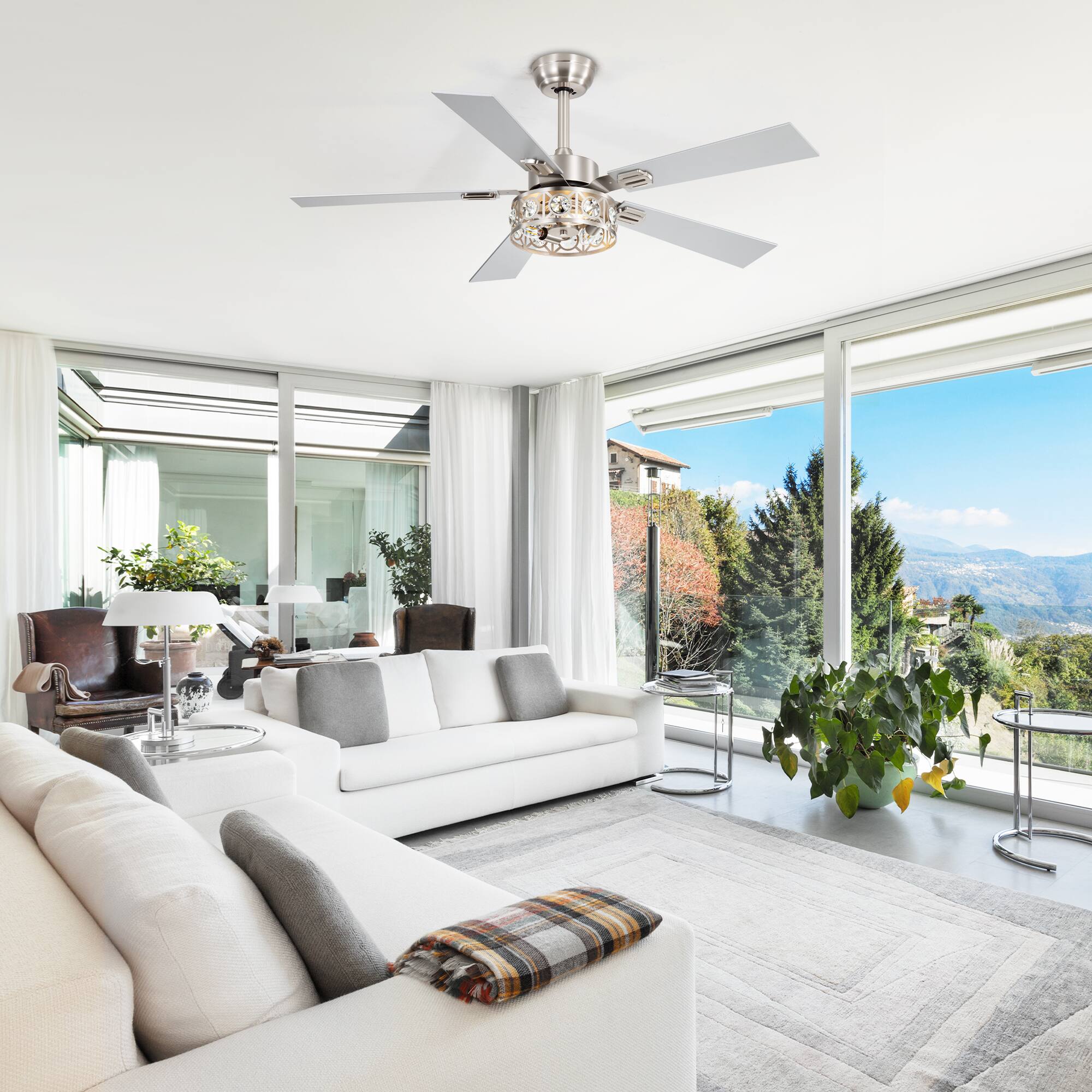 Alt View 2. Breezary - 48-Inch Ceiling Fan with 5 Plywood Blades, DC Motor, 6-Speed Remote Control, 4'' & 8'' Downrods, Timer & Memory - Satin Nickel and Silver.