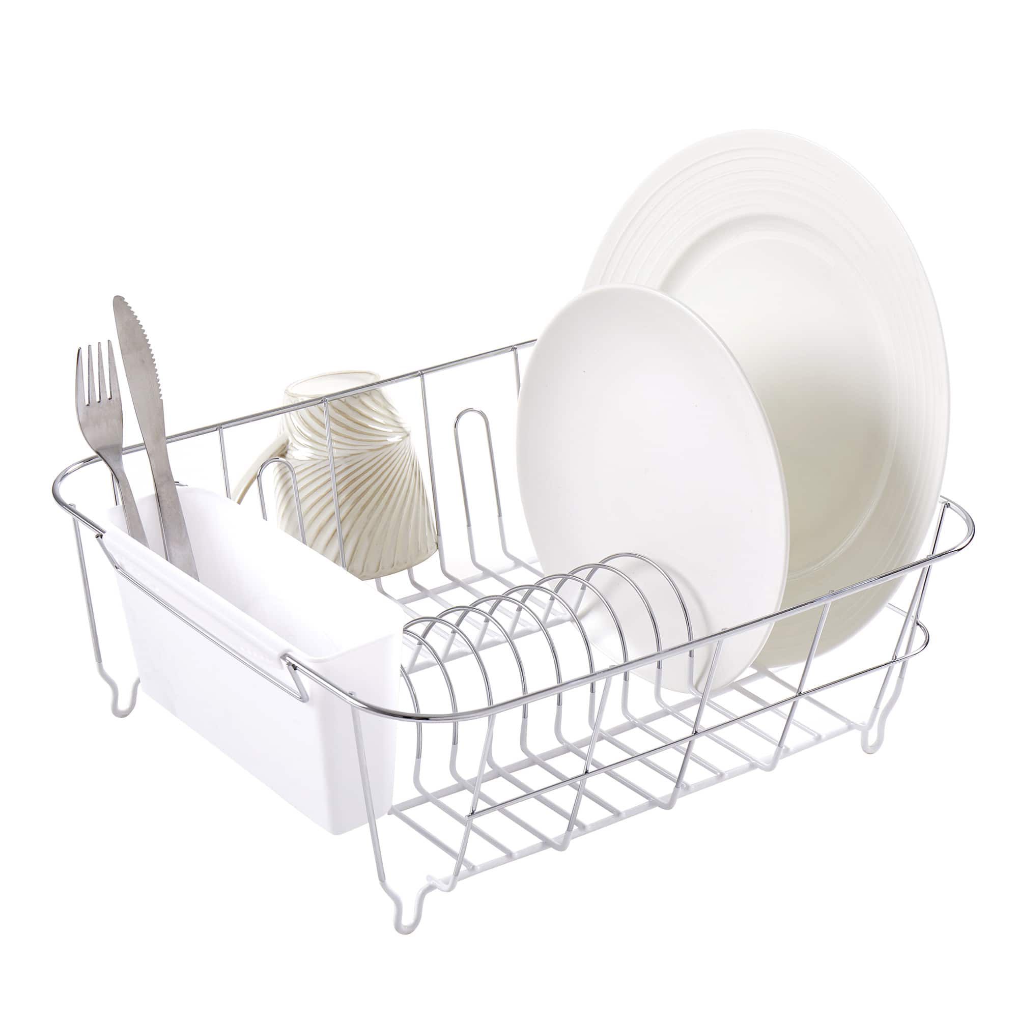 Front. Sweet Home Collection - Chrome Plated Steel 2-Piece Small Compact Dish Drainer - White.