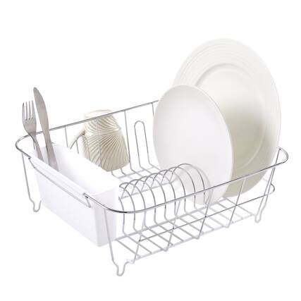 Front. Sweet Home Collection - Chrome Plated Steel 2-Piece Small Compact Dish Drainer - White.