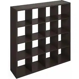 FurniFact - Engineered Wood 16 Cube Storage Organizer with Open Back Shelving - Dark Oak