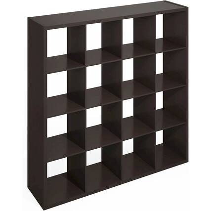Front. FurniFact - Dark Oak Engineered Wood 16 Cube Storage Organizer with Open Back Shelving - Dark Oak.
