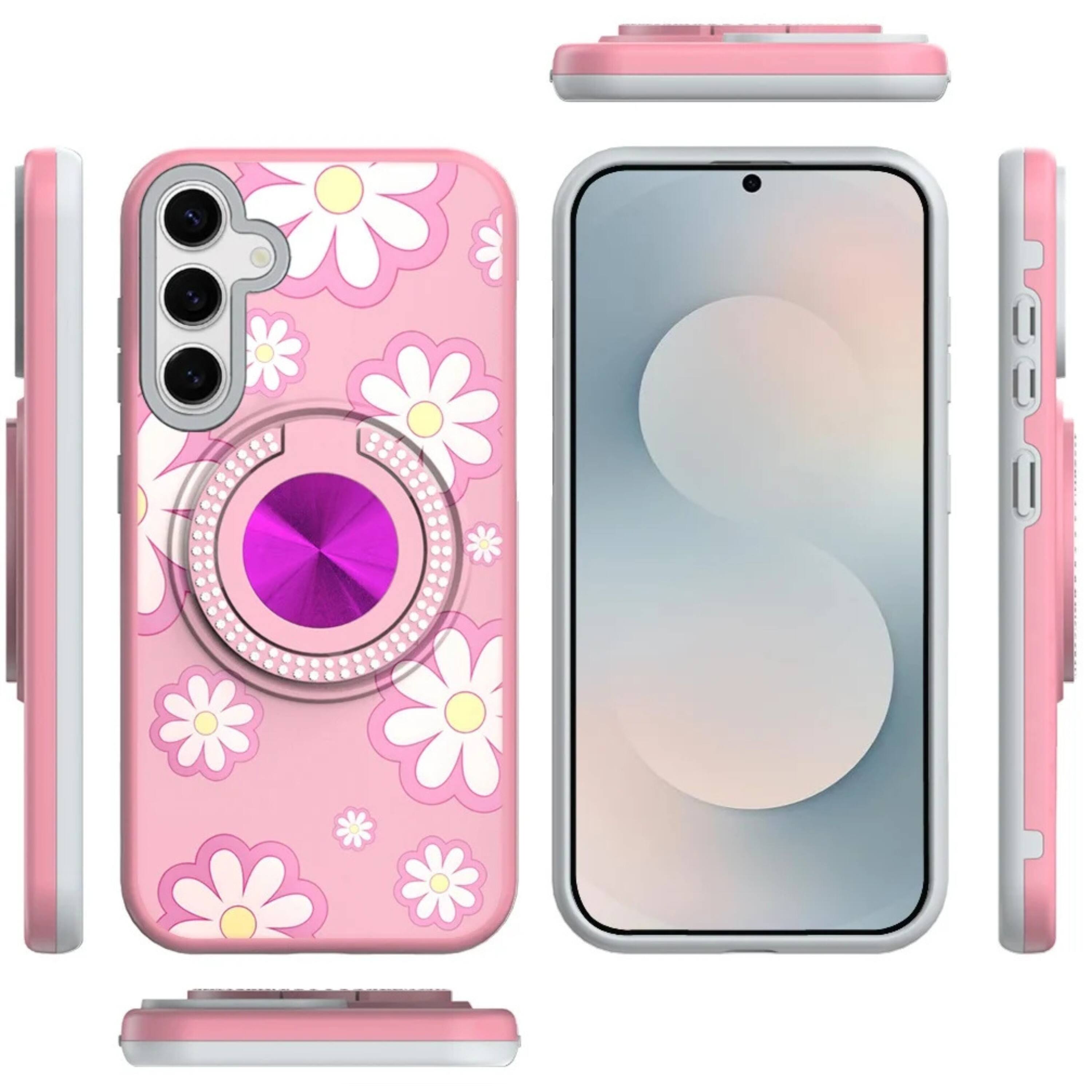 Angle. Kitcheniva - 360 Rotating Stand Case With Tempered Glass For Samsung S25 FE Flower Pink - Flower.