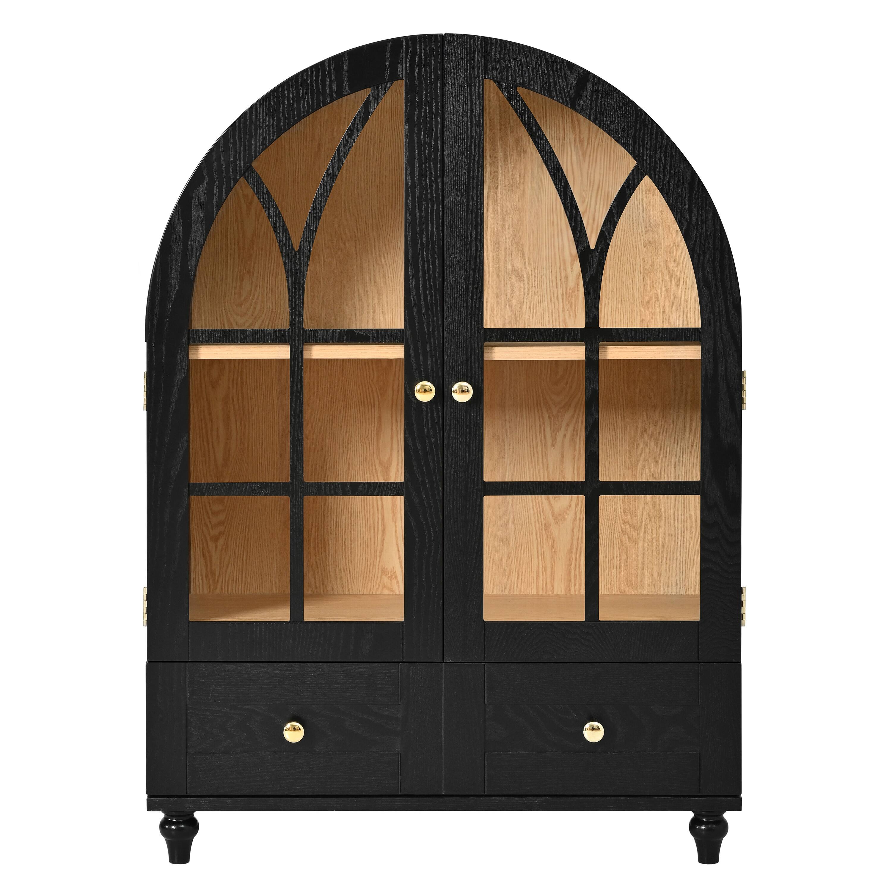 Alt View 1. Loheer - Loheer Arched Display Cabinet Wood Storage Cabinet with Glass Doors Accent Cabinet with Drawers for Living Room - Natural Wood.