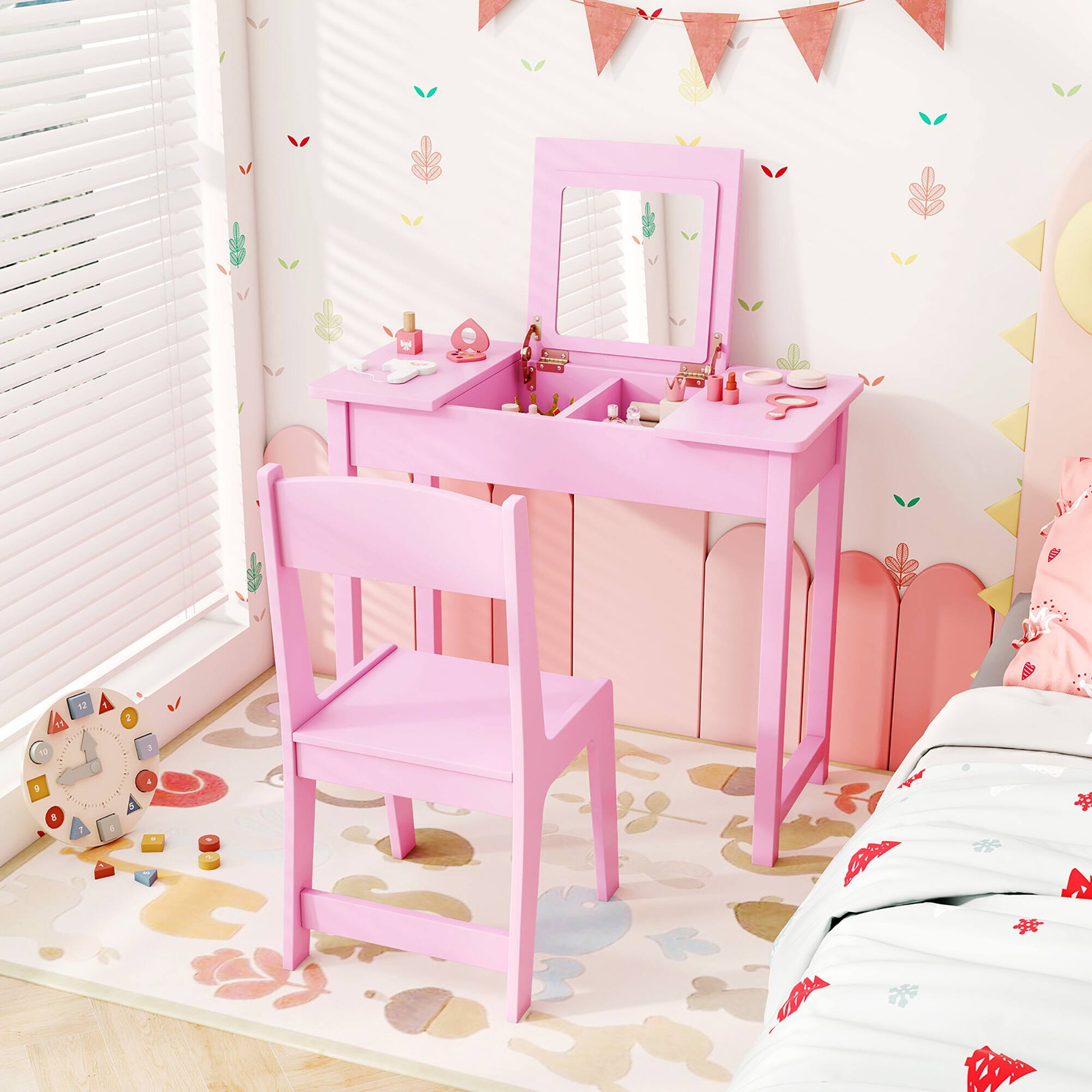 Alt View 3. Gymax - Gymax Kids Vanity Table & Chair Set 2-in-1 Princess Makeup Dressing Desk Set Pink - Pink.