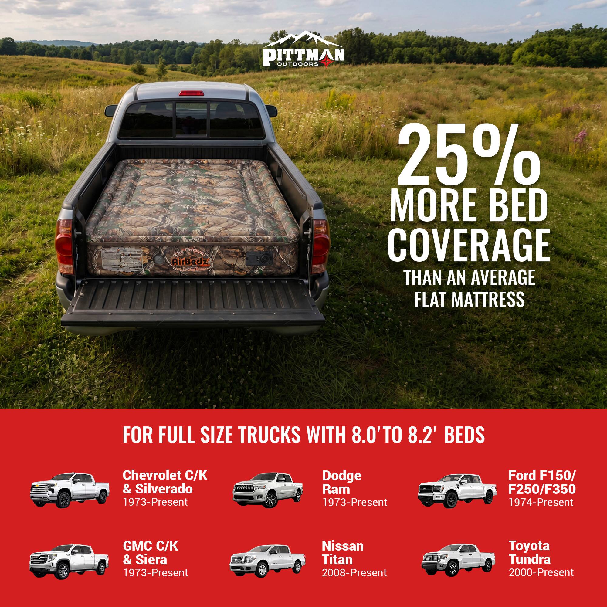 PITTMAN OUTDOORS

AirBedz

25% MORE BED COVERAGE THAN AN AVERAGE FLAT MATTRESS

FOR FULL SIZE TRUCKS WITH 8.0' TO 8.2' BEDS

Chevrolet C/K & Silverado 1973-Present

Dodge Ram 1973-Present

Ford F150/F250/F350 1974-Present

GMC C/K & Sierra 1973-Present

Nissan Titan 2008-Present

Toyota Tundra 2000-Present