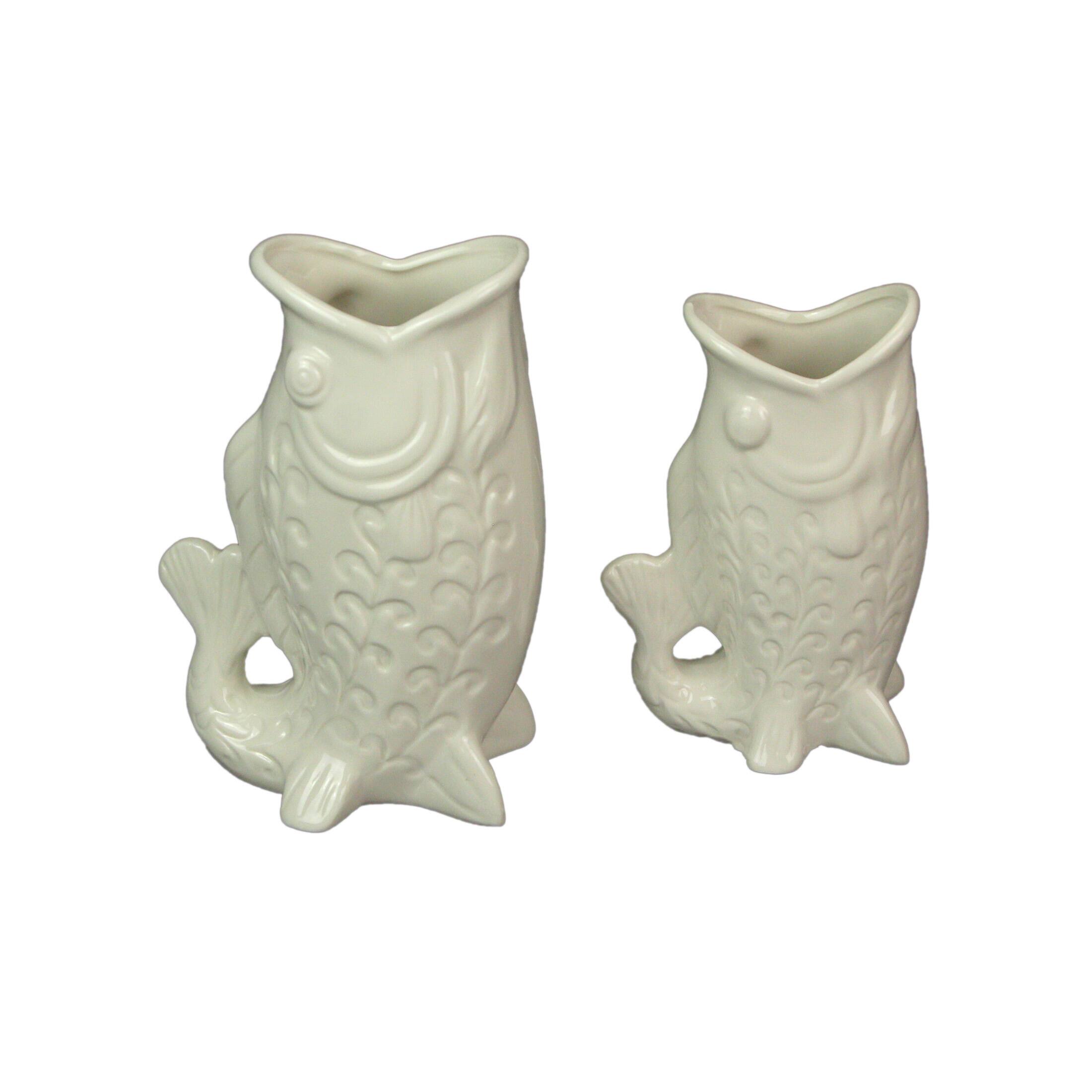 Alt View 1. Zeckos - White Fish Decorative Vases Set of 2 Ceramic Coastal Tabletop 8.5in and 7in - White.