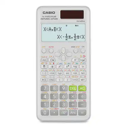 Sure, here is the corrected and grouped text from the image:
**Top Section:**
- CASIO fx-115ES PLUS NATURAL-V.P.A.M.
- 2nd edition
**Display:**
- X<A, B<X
- X<1/2π, 1/2π<X
**Buttons (Left to Right, Top to Bottom):**
- SHIFT ALPHA
- SOLVE =
- CALC
- x!
- log
- ln
- FACT
- Abs
- sin⁻¹
- cos⁻¹
- tan⁻¹
- (-)
- 0
- ENG
- ( )
- S↔D
- M+
- CONST
- CONV
- CLR
- INS
- OFF
- DEL
- AC
- RCL
- MATRIX
- VECTOR
- VERIFY
- nPr
- GCD
- nCr
- LCM
- STAT/DIST
- CMPLX
- BASE
- Pol
- Int
- Rec
- Intg
- Rnd
- Ran#
- RanInt
- e
- DRG
- PreAns
- Ans
- 7
- 8
- 9
-