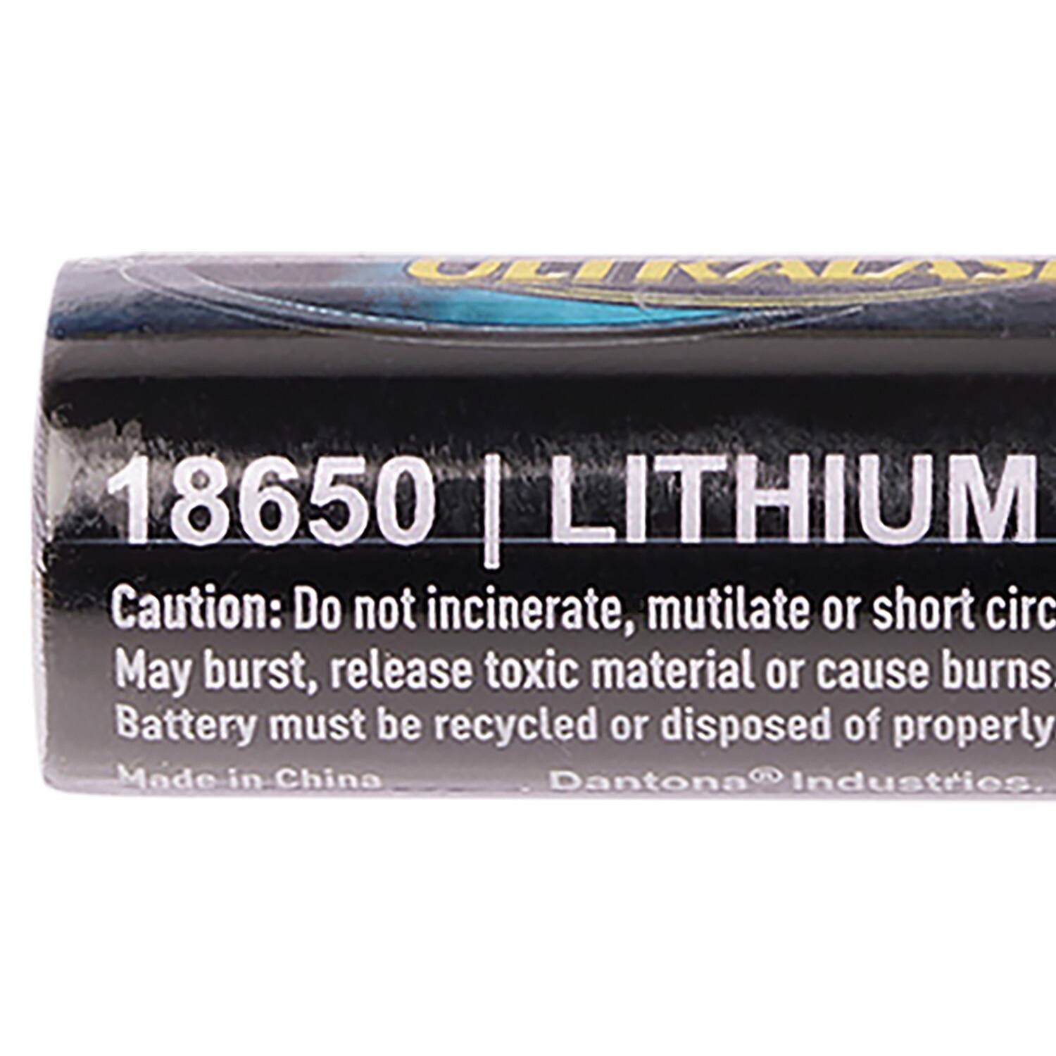 18650 | LITHIUM
Caution: Do not incinerate, mutilate or short circuit. May burst, release toxic material or cause burns. Battery must be recycled or disposed of properly.
Made in China
Dantona® Industries.