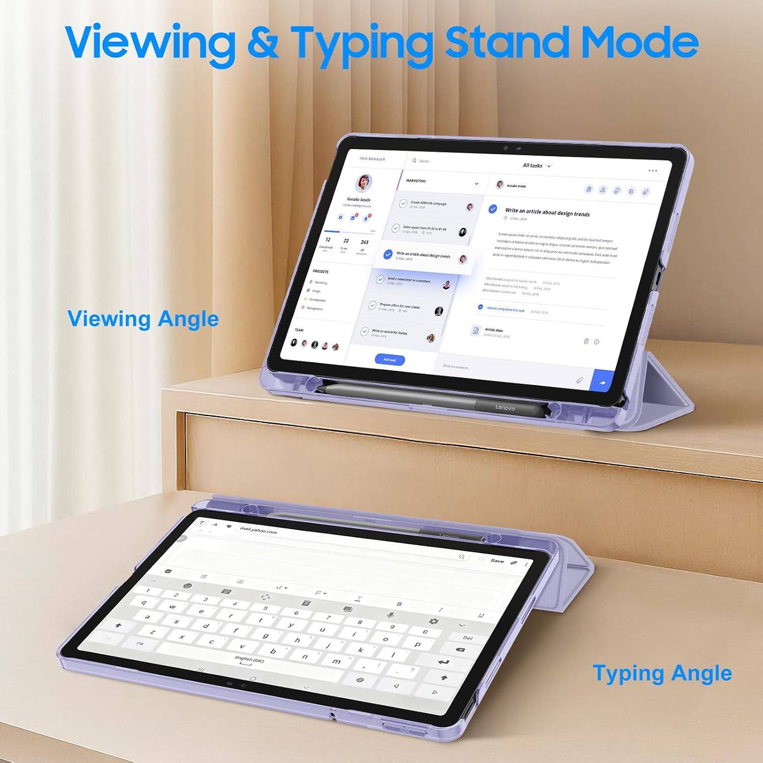 Viewing & Typing Stand Mode

not ROUAD

lass,
Al tasks

12 PRODUCTS

Autalin that 2 20 4

MARMETING - 100mL - Selections  www.arbade.deidecdeigests

Satule Write an article about design trends WWW.COM

8

B

: Info

Viewing Angle

: fingual TAX

Agavidades 20g Whausonscheriede

Arthum

-

Lenovo

inalyahoo.com

-

+

I p a Z MY

2 " $ x

3 e of 

4 5 r I f g  b English(5 [ KM)

 6 y h a

 7 6 U i / k m 8

8 9 0 / ! 4

/ * 0 p ? + D

 Del

Typing Angle