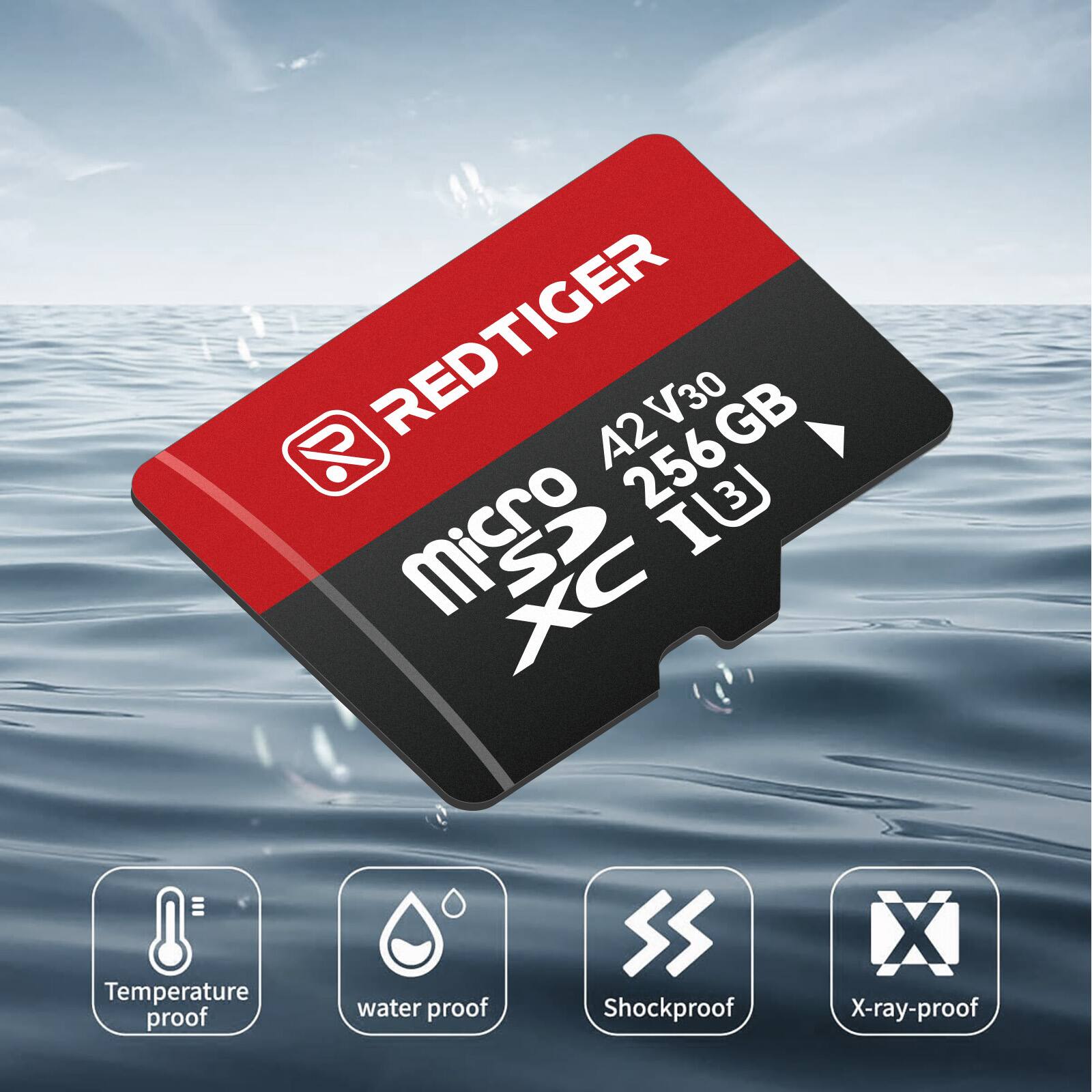 REDTIGER A2 V30 256GB Micro SDXC I (3)  
Temperature proof  
Water proof  
Shockproof  
X-ray-proof