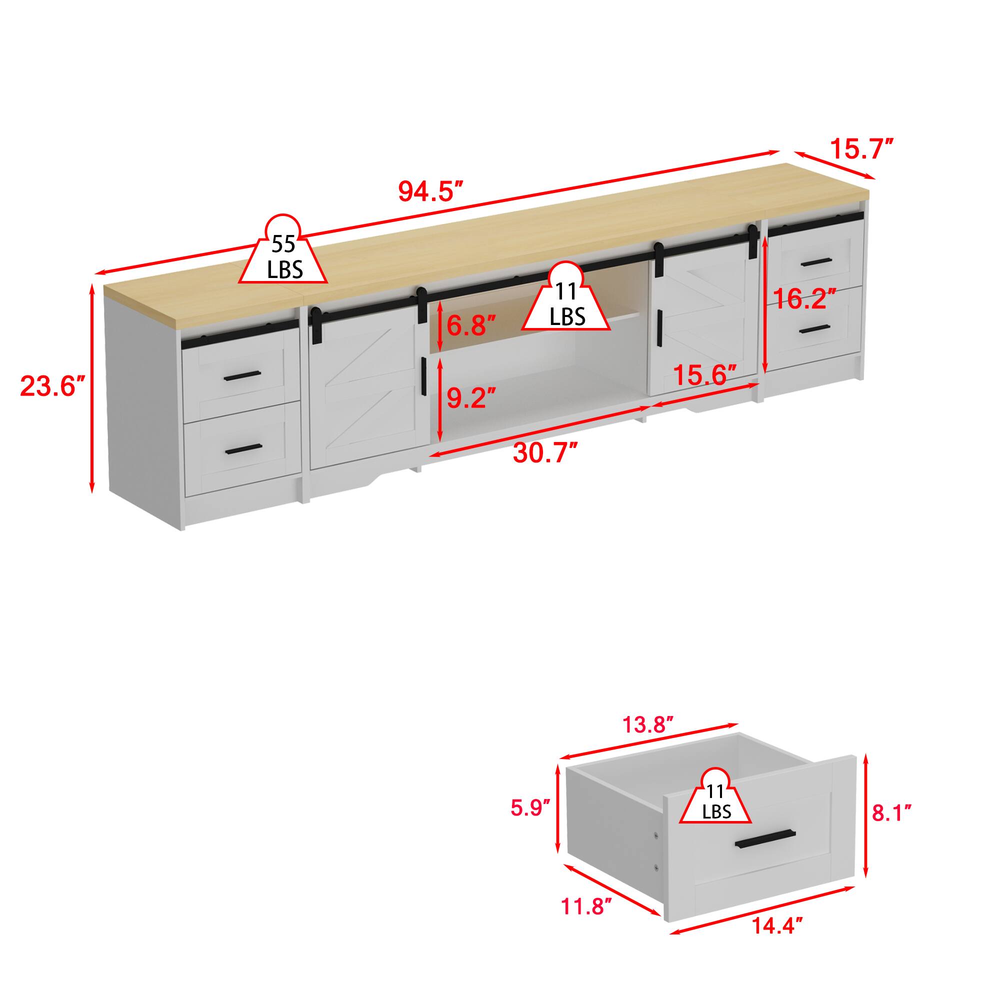 The text on the image is grouped and corrected as follows:

1. 94.5" 15.7" 55 LBS
2. 6.8" 11 LBS
3. 16.2" 23.6" 9.2"
4. 15.6" 13.8" 30.7"
5. 13.8" 5.9" 11 LBS
6. 8.1" 11.8" 14.4"