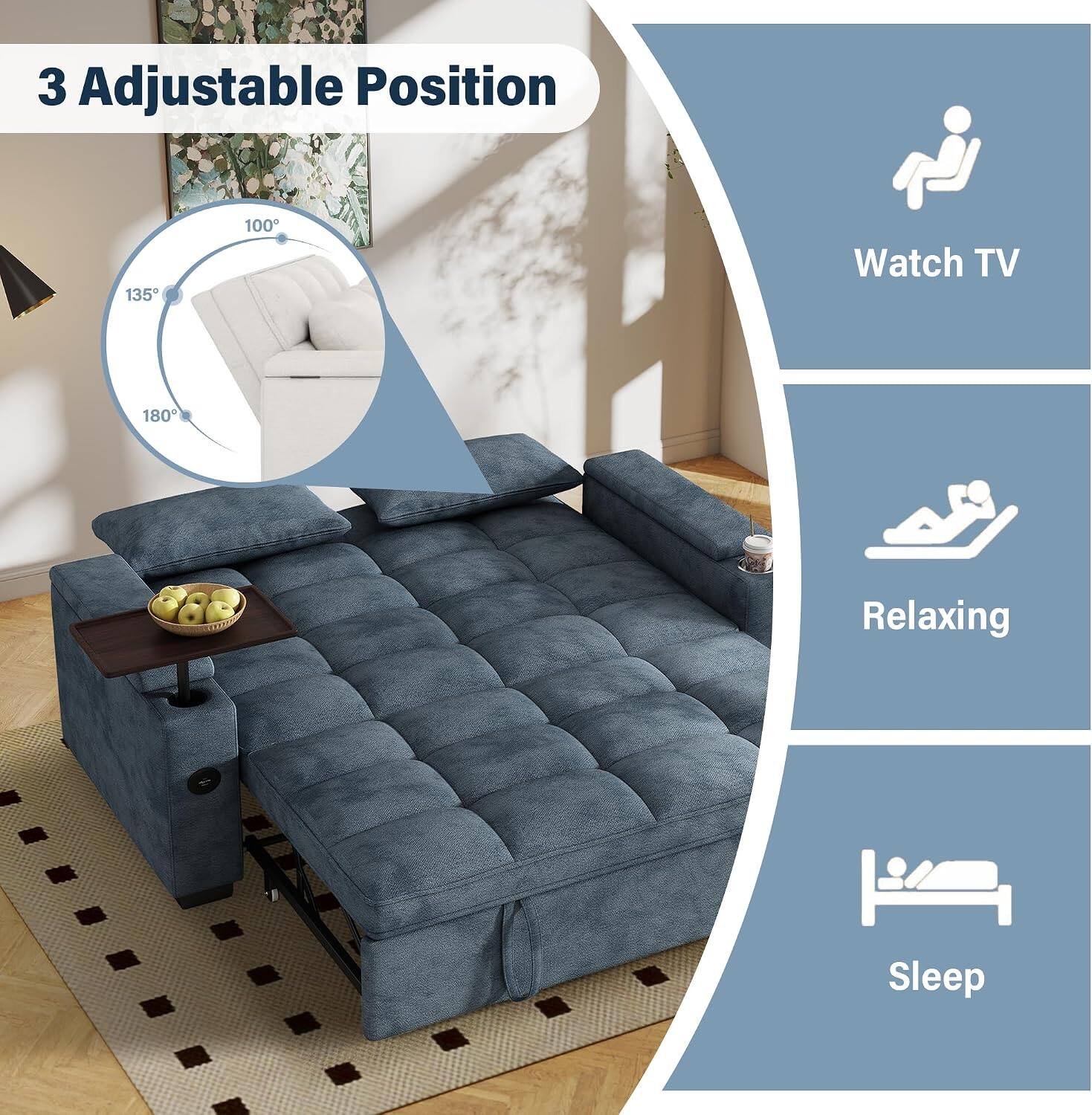 3 Adjustable Position

135°
100°
180°

Watch TV
Relaxing
Sleep