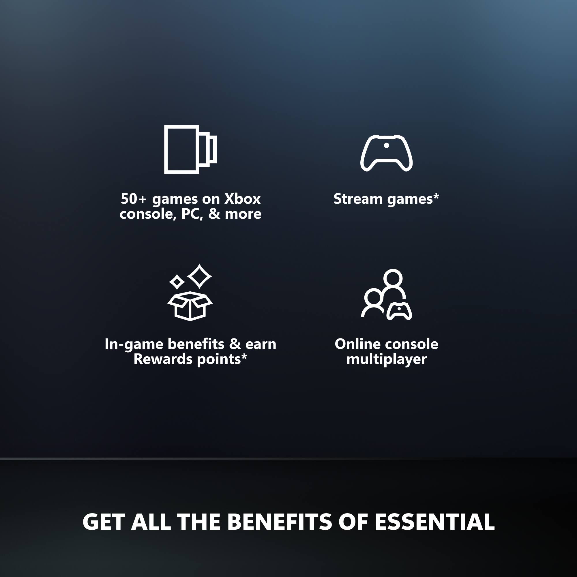 50+ games on Xbox console, PC, & more  
Stream games*  
In-game benefits & earn Rewards points*  
Online console multiplayer  

GET ALL THE BENEFITS OF ESSENTIAL