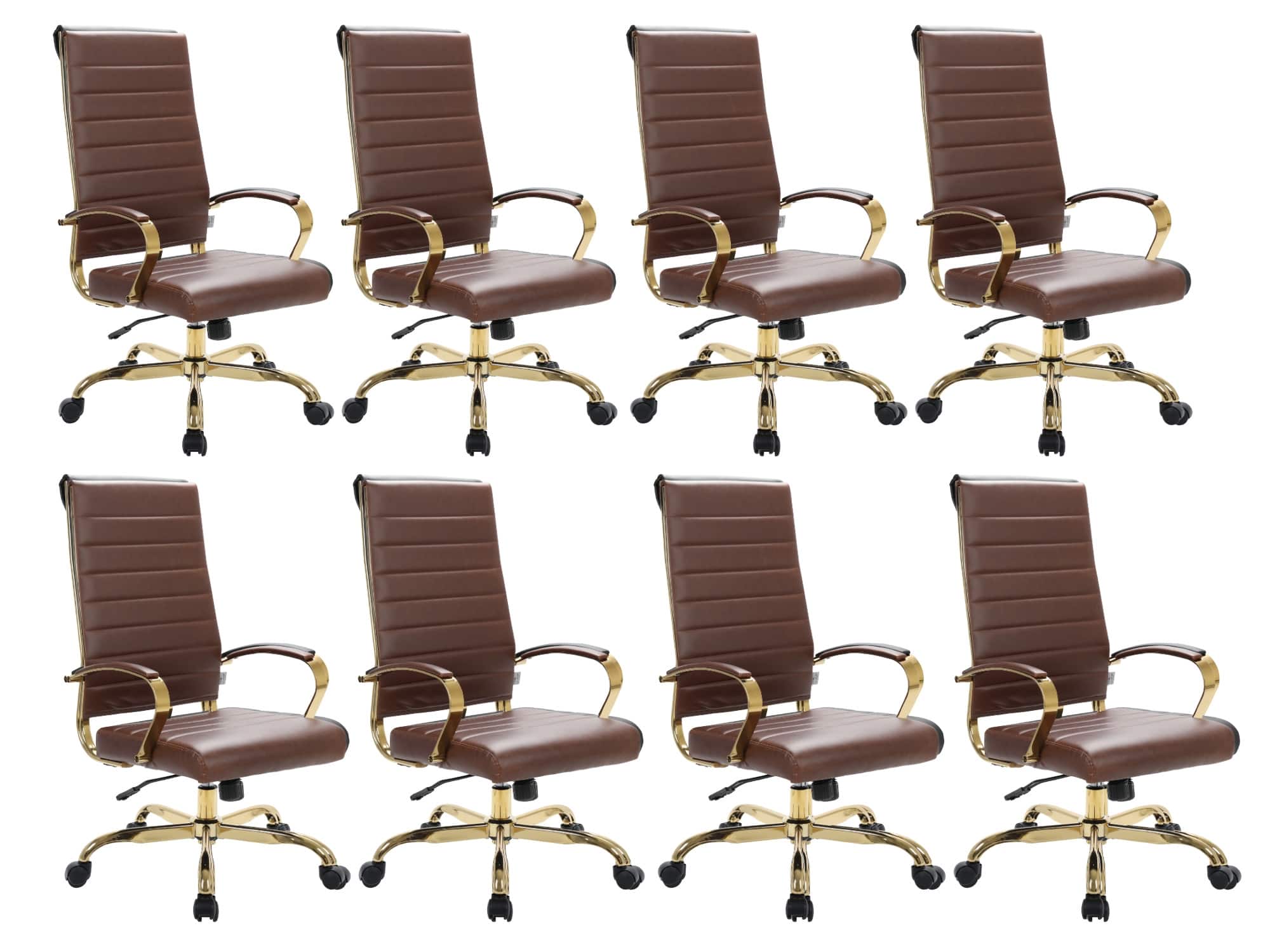 LeisureMod - Set of 8 Benmar Modern Contemporary High-Back Leather Executive Office Chair with Ribbed Design and Padded Armrests - Brown