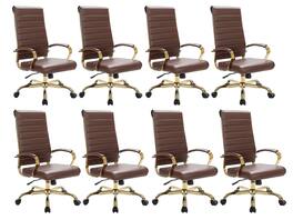 LeisureMod - Set of 8 Benmar Modern Contemporary High-Back Leather Executive Office Chair with Ribbed Design and Padded Armrests - Brown