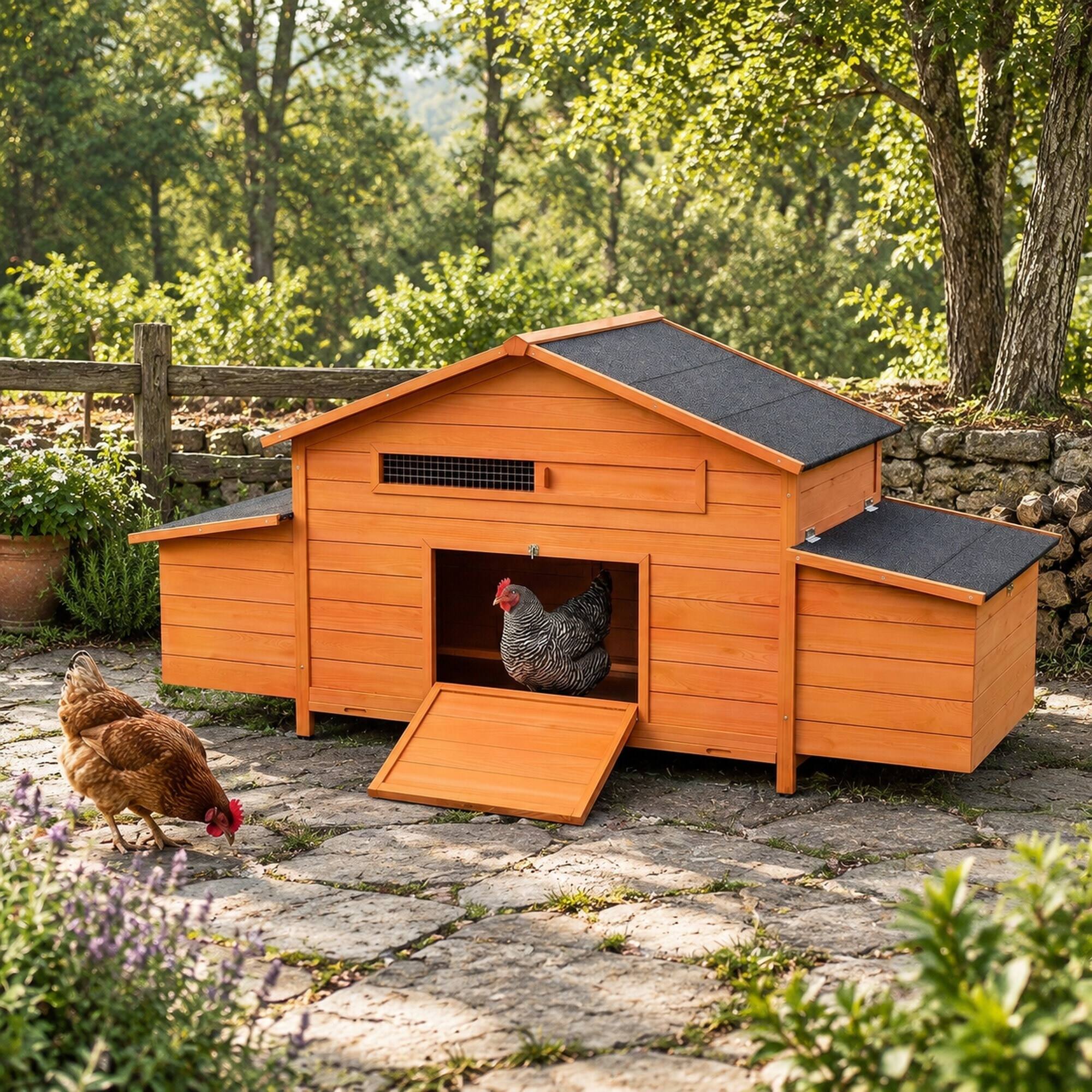 Angle. RYHNUYNE - 70 in Wooden Chicken Coop, Solid Wood Hen House, 2 Nesting Boxes, Waterproof Roof, 2 Doors.