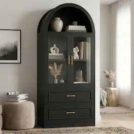 Loheer - Tall Cabinet, Arched Storage Cabinet with Glass Doors, Modern Display Cabinet for Living Room - Black