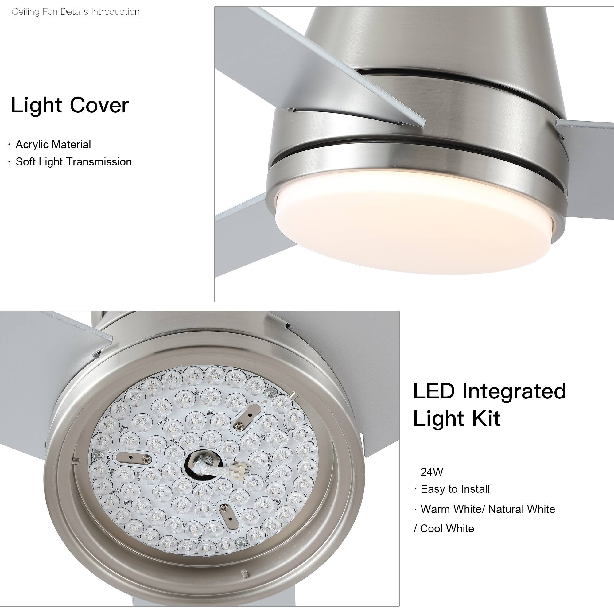 Ceiling Fan Details Introduction

Light Cover
- Acrylic Material
- Soft Light Transmission

LED Integrated Light Kit
- 24W
- Easy to Install
- Warm White / Natural White / Cool White