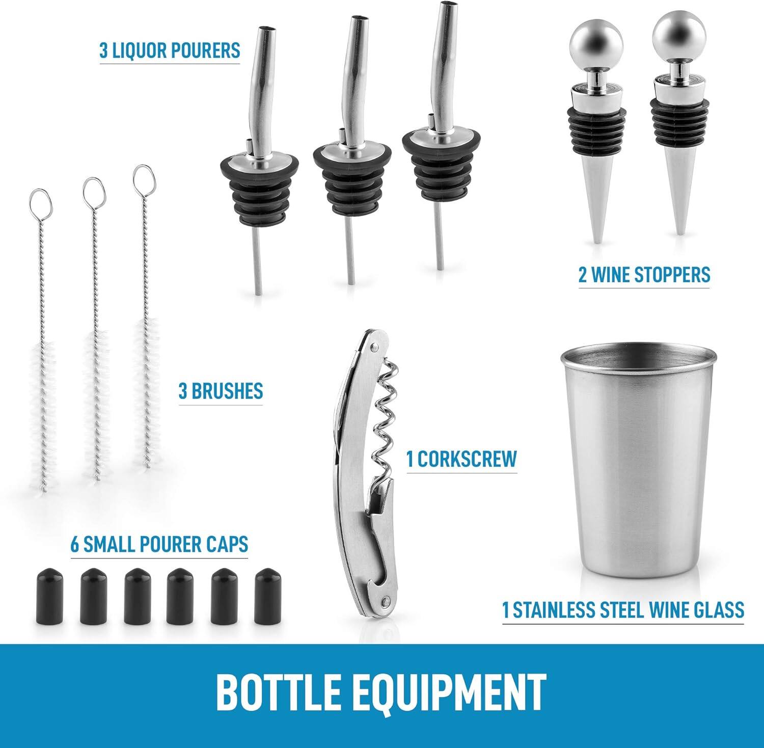 3 Liquor Pourers  
2 Wine Stoppers  
3 Brushes  
1 Corkscrew  
6 Small Pourer Caps  
1 Stainless Steel Wine Glass  

Bottle Equipment