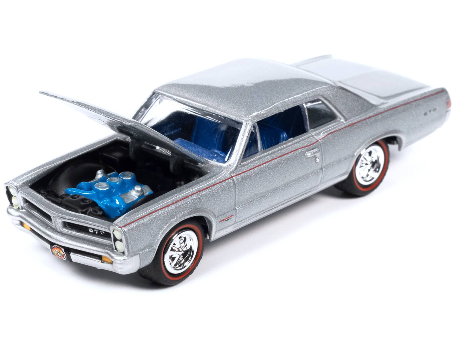 Angle. Johnny Lightning - 1965 Pontiac GTO Bluemist Slate Metallic Red Stripes Blue Interior MCACN Limited 4140pcs Muscle Cars USA 1/64 - Slate Metallic with Red and Blue.