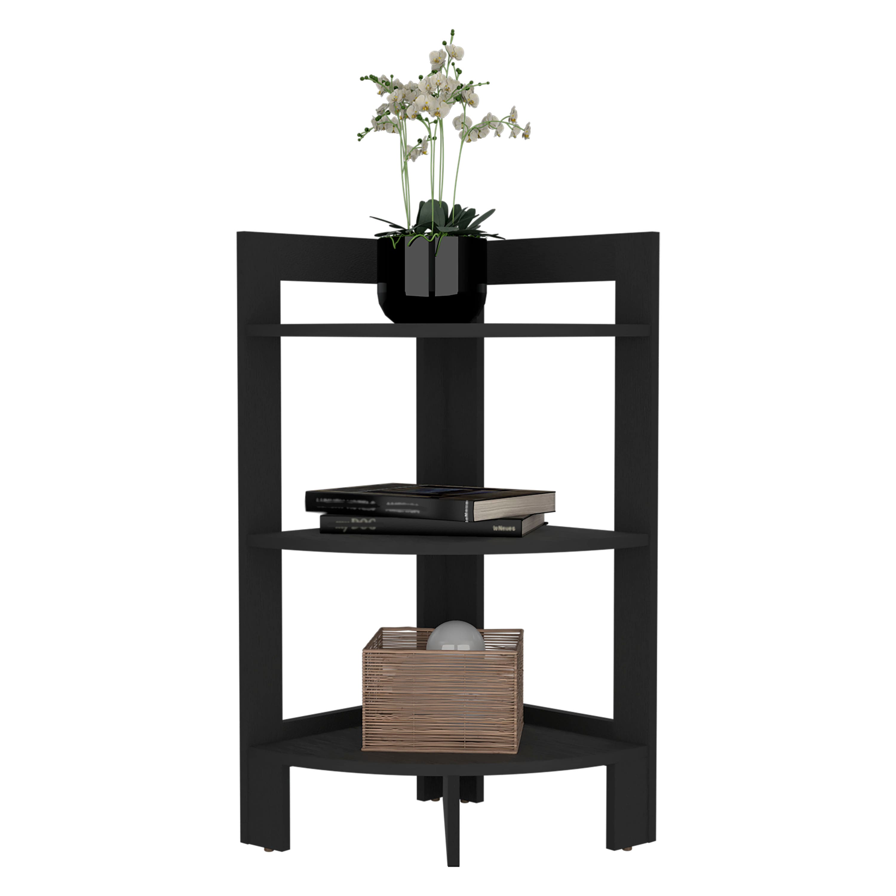 TuHome - Riga Corner 3-Tier Shelf Side Table, Sofa Table, End Table With Tray and Minimalist Design - Black Wenge