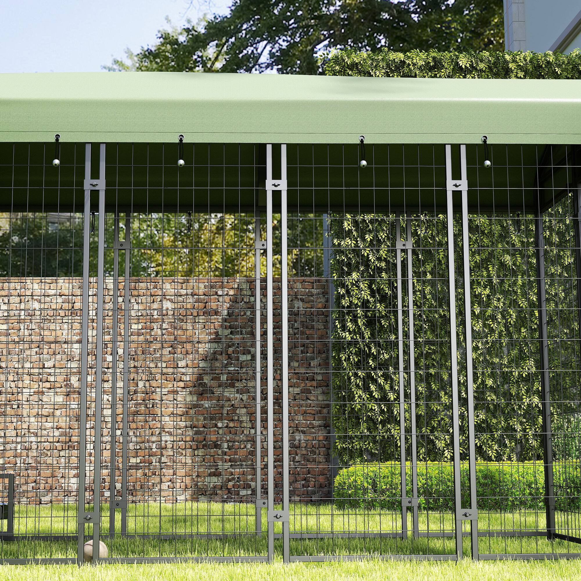 Alt View 4. Pawhut - 8'x4'x6' Outdoor Dog Kennel, Welded Wire Heavy Duty Run, 360° Rotating Bowls, Waterproof Cover, for S&M&L Dogs.