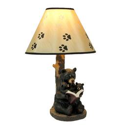 Zeckos - Bear Reading to Curious Cubs Table Lamp w/Paw Print Shade Western Décor - Black