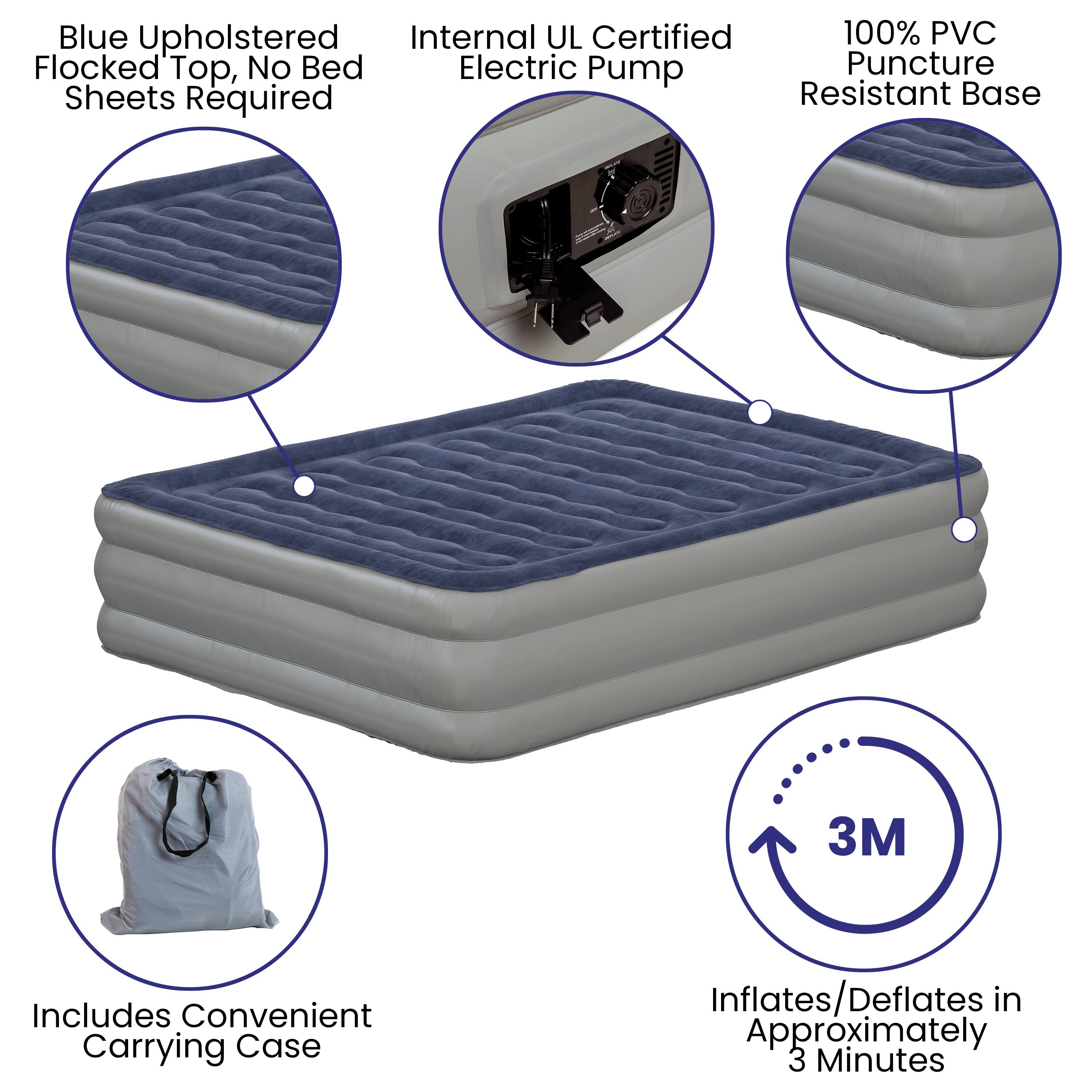 Blue Upholstered Flocked Top, No Bed Sheets Required  
Internal UL Certified Electric Pump  
100% PVC Puncture Resistant Base  
Includes Convenient Carrying Case  
Inflates/Deflates in Approximately 3 Minutes