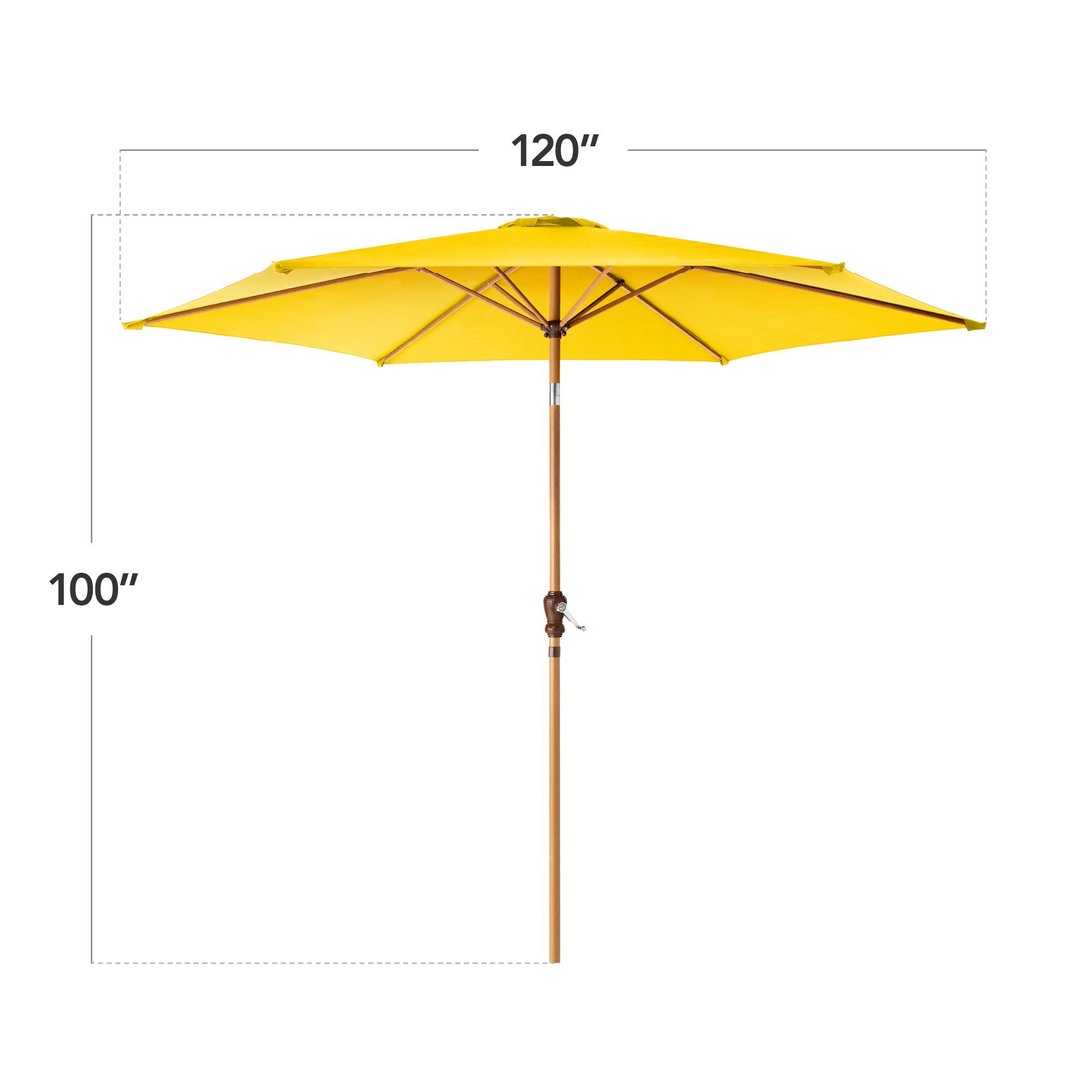 The text on the image shows the dimensions of a yellow umbrella. The umbrella has a diameter of 120 inches and a height of 100 inches.